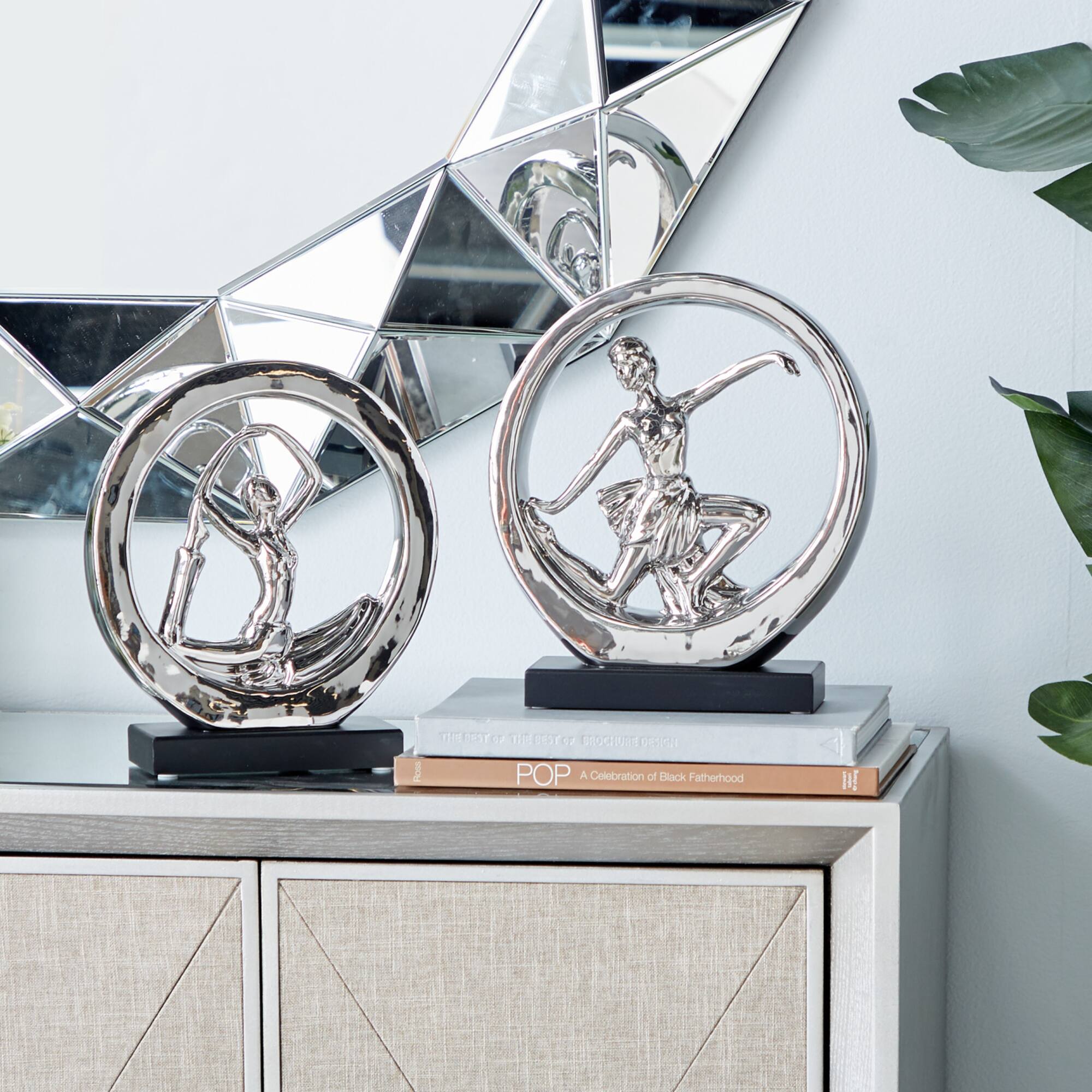 Set of 2 Silver Porcelain Contemporary Yoga Sculpture, 10.5", 11.25"